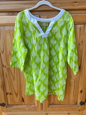 Rock Flower Paper Tunic Top 100% Cotton Lightweight Green/White Beachy L/XL